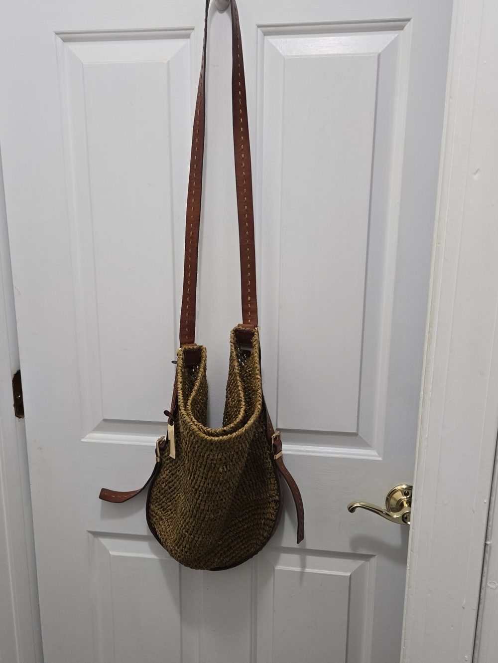 MK Woven Straw Raffia Shoulder Bag with Brown Leather Straps